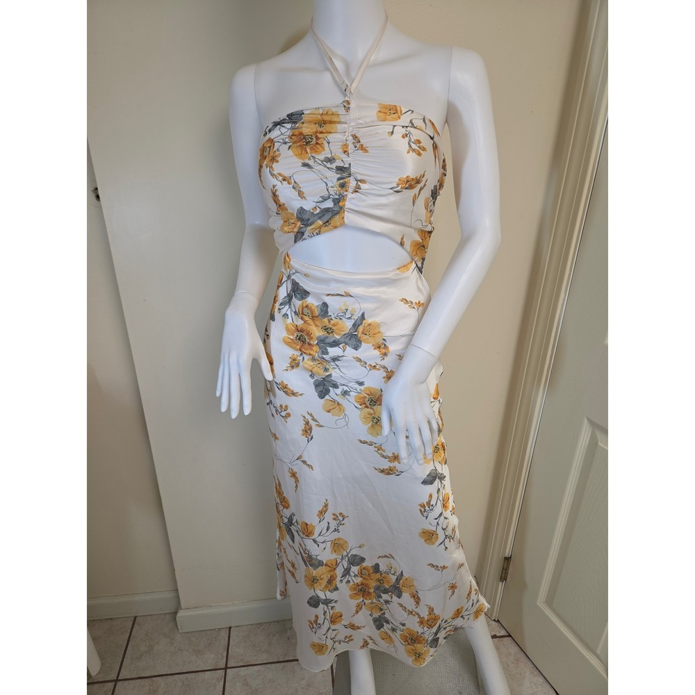 Fortunate‎ One Floral Halter Maxi Dress XS Cream Yellow Satin Cutout